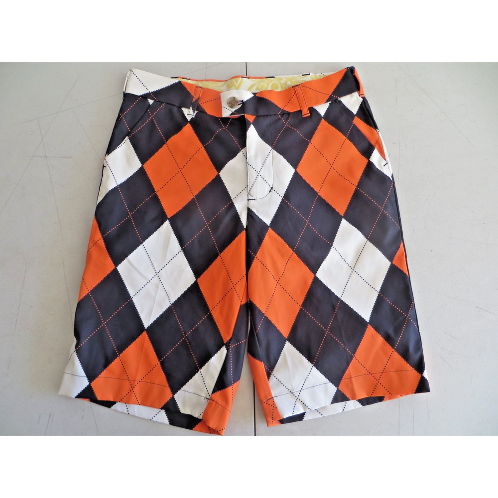Men’s Loudmouth Chino Golf Shorts Size 30 Black Orange White Argyle
